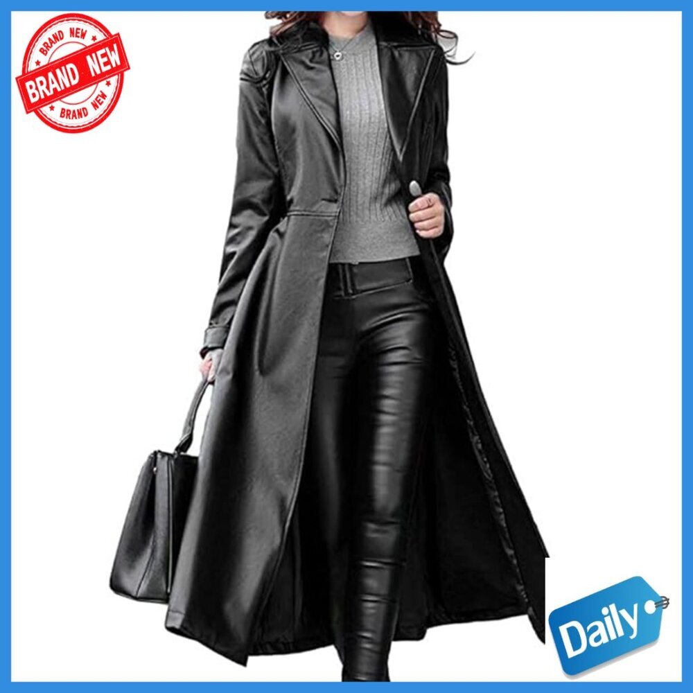 Lambskin Leather Trench Coat Motorcycle Jacket Long Sleeve Regular Fit